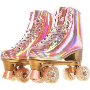 Women Rose Gold 1 Holographic High Top Pu Leather Four Wheels Roller Skates
